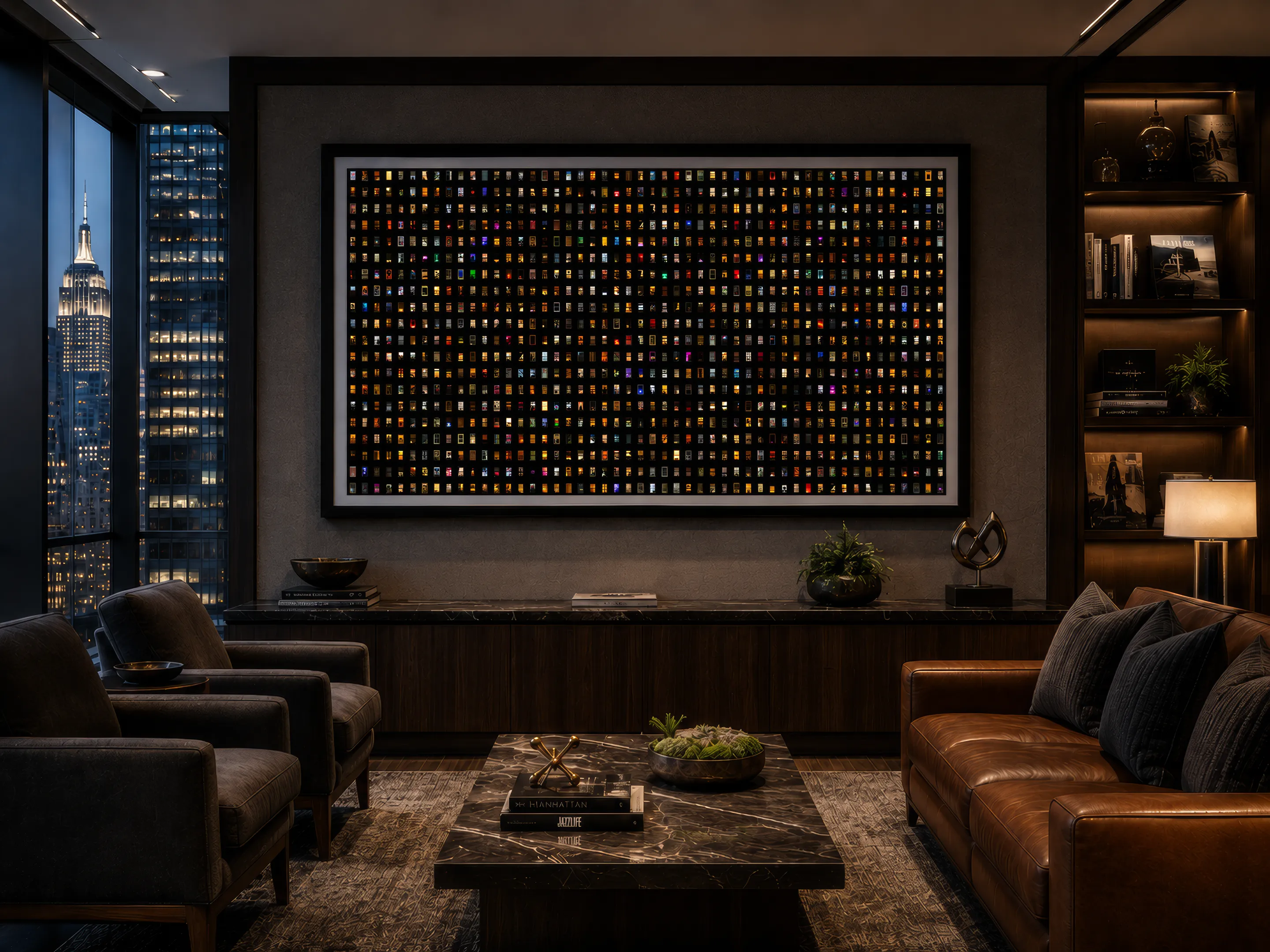 The 1/1 as a physical backlit piece, installed in a living room overlooking the New York skyline